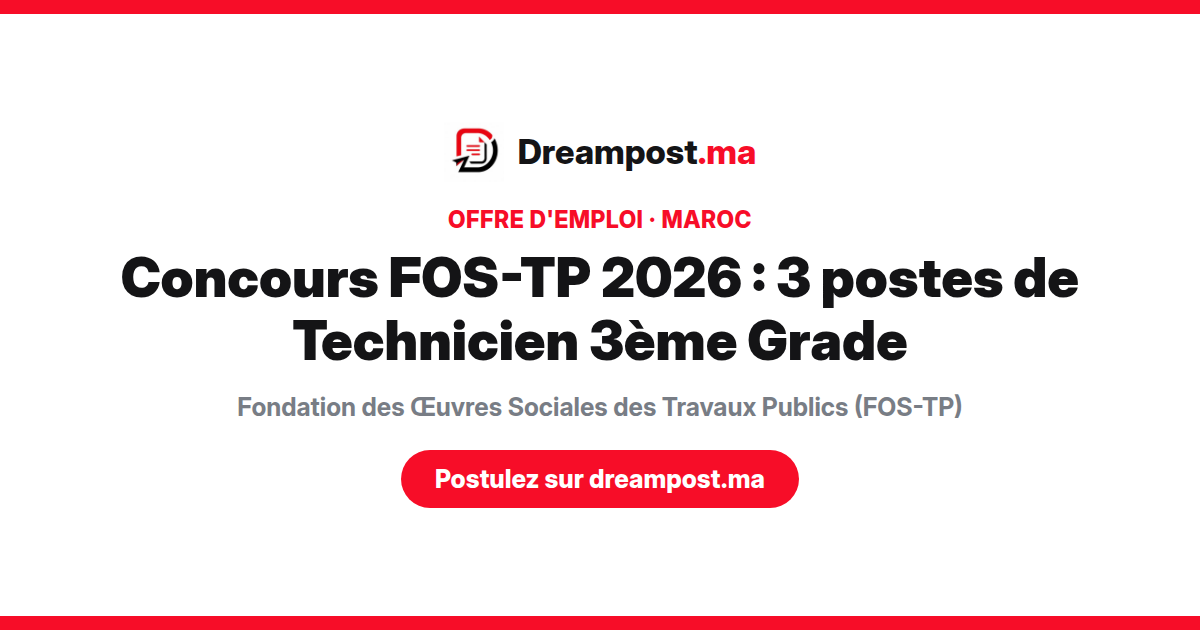 Concours FOS-TP 2026 : 3 postes de Technicien 3ème Grade
