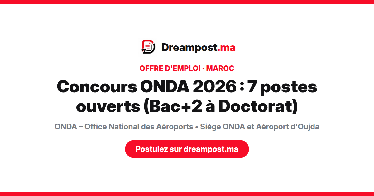 Concours ONDA 2026 : 7 postes ouverts (Bac+2 à Doctorat)
