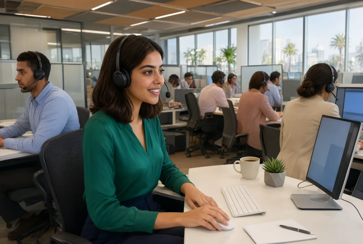 Agent commercial en centre d'appels avec casque devant un ordinateur