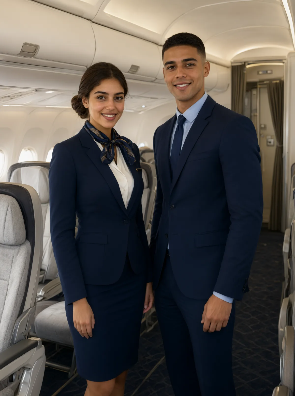 Hôtesse de l'air et steward en tenue de personnel navigant prêts à rejoindre les équipages du groupe Royal Air Maroc